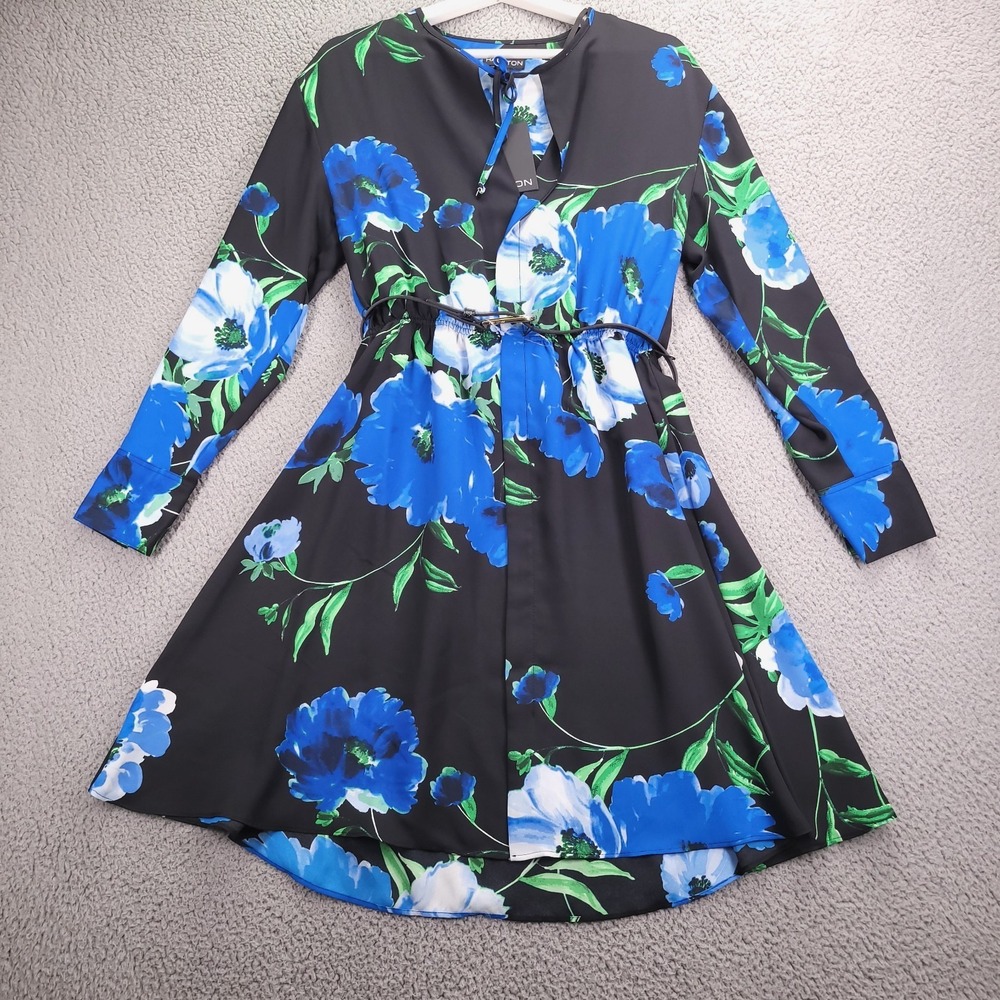 HALSTON Dress Size 4 Black w/ Blue Florals Long Sleeve Belted A-Line NEW